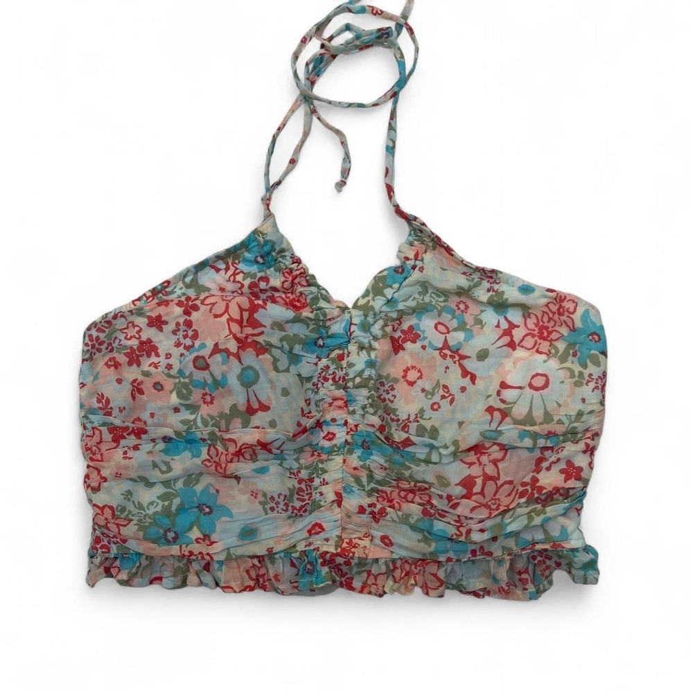 American Eagle Floral Halter Crop Top Blue Red Ruched‎ Smocked Ruffle Hem Medium